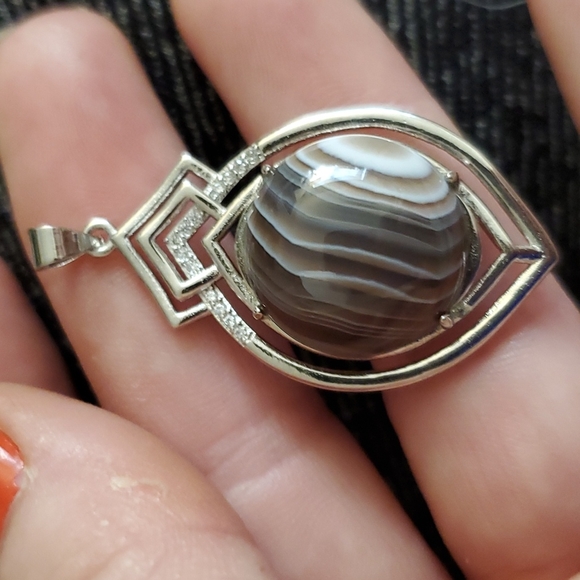 New Botswana Agate Round Rhinestone Inlaid 925 Silver Pendant. - Picture 9 of 12